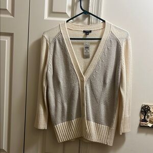 NWT- Ann Taylor Cream & Grey Ribbed Cardigan Sweater